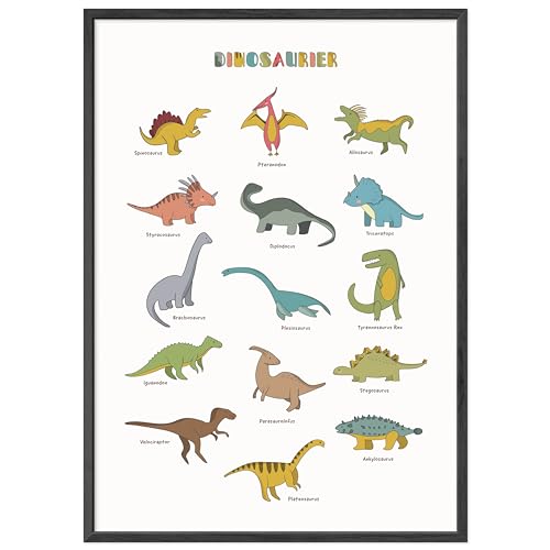 kizibi® Dino Poster mit Rahmen Schwarz, Dinosaurier Poster DIN A2, beliebte Dino Deko für Kinder, Kinderposter für Jungen und Mädchen, Premium Wandposter mit Beschriftung von kizibi