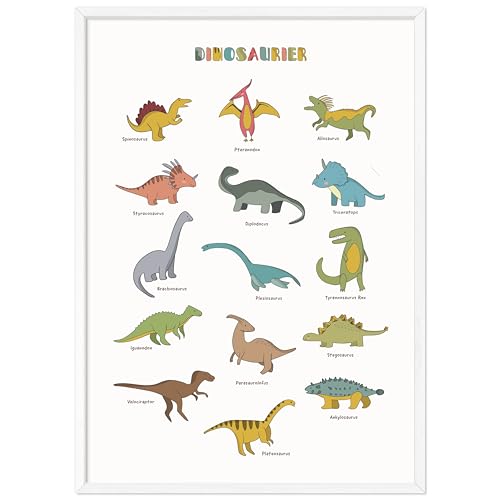 kizibi® Dino Poster mit Rahmen Weiß, Dinosaurier Poster DIN A2, beliebte Dino Deko für Kinder, Kinderposter für Jungen und Mädchen, Premium Wandposter mit Beschriftung von kizibi