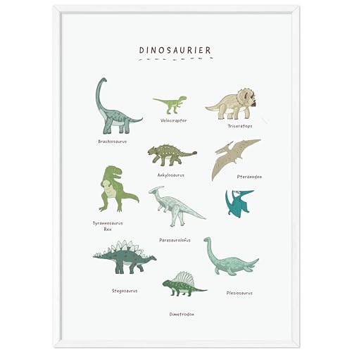 kizibi® Dino Poster mit Rahmen Weiß, Dinosaurier Poster DIN A2, beliebte Dino Deko für Kinder, Kinderposter für Jungen und Mädchen, Premium Wandposter mit Beschriftung von kizibi