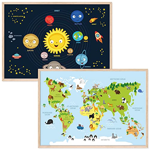 kizibi® Weltkarte und Planeten Poster Set A2 mit Rahmen Holz Natur für Kinderzimmer, Lernposter für Mädchen und Jungen, Orbit Kontinente | für Kindergarten, Vorschule oder Grundschule von kizibi