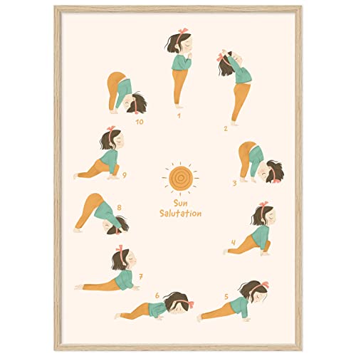 kizibi® Yoga Poster für Kinder mit Rahmen Farbe Natur, Yoga Sonnengruß im Kinderzimmer, Yoga für Kinder, Yogaübungen mit Kind von kizibi