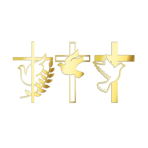 3 Stück Spiegel-Acryl-Kuchenaufsatz, goldfarbenes Tauben-Kreuz-Kuchenaufsätze für Taufe, Erstkommunion, religiöse Kuchendekoration von kkiuop