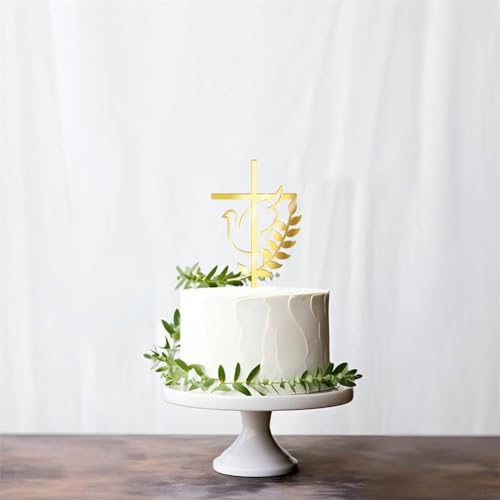 3 Stück Spiegel-Acryl-Kuchenaufsatz mit goldenem Tauben-Kreuz, Kuchendekoration für Taufe, Erste Kuchen, religiöse Dekorationen, Kommunion T von kkiuop
