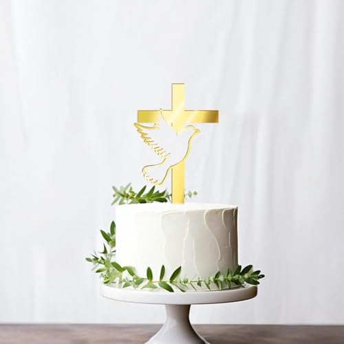 3 Stück Spiegel-Acryl-Kuchenaufsatz mit goldenem Tauben-Kreuz-Kuchenaufsatz für Taufe, erste Kuchendekoration, Kommunionskuchen, religiös von kkiuop