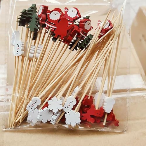 kkiuop 50 Stück Weihnachtsfruchtstäbchen Einweg-Bambusstäbchen Schneeflocke Weihnachtsbaum Claus Santa Schneemann Party Supplies Elchstäbchen von kkiuop