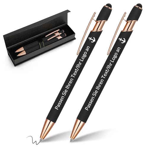 kodinsiivous 2 Stück Personalisierbarer Kugelschreiber,Metall Stift mit Stylus, Druckkugelschreiber mit Namen und Ikone Gravur Geschenk für Abschlussfeier, Jubiläum, Büro, Glattes Schreiben,Schwarz von kodinsiivous