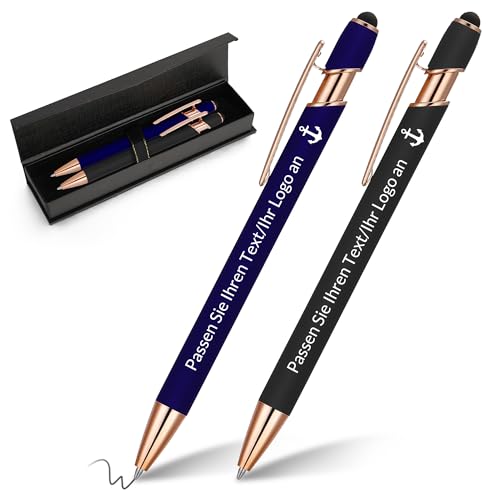 kodinsiivous 2 Stück Personalisierbarer Kugelschreiber,Metall Stift mit Stylus, Druckkugelschreiber mit Namen und Ikone Gravur Geschenk für Abschlussfeier, Jubiläum, Büro, Glattes Schreiben,Blau von kodinsiivous