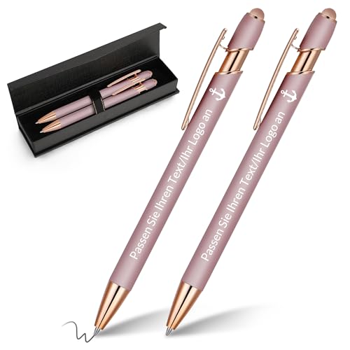 kodinsiivous 2 Stück Personalisierbarer Kugelschreiber,Metall Stift mit Stylus, Druckkugelschreiber mit Namen und Ikone Gravur Geschenk für Abschlussfeier, Jubiläum, Büro, Glattes Schreiben,Rosa von kodinsiivous