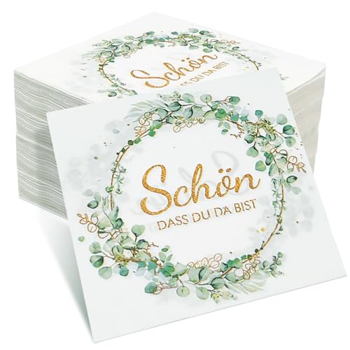 koitoy 50 Pcs Servietten Hochzeit Geburtstag Eukalyptus,3-Lagige Servietten Schön Dass Du Da Bist, Eukalyptus Grün Papierservietten Tischdeko für Taufe Konfirmation Konfirmation Garten Birthday Party von koitoy