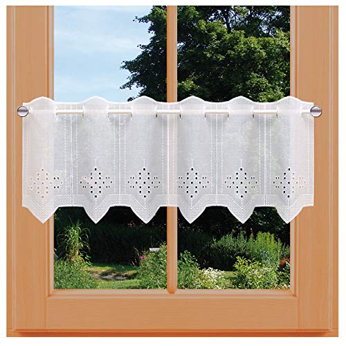 kollektion MT Kurzgardine Feenhausgardine Irmi Vogtländischer Spitze weiß Stickerei und Lochstickerei auf leichtem Batist 30 x 128 cm von kollektion MT