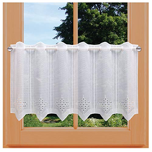 Kurzgardine Feenhausgardine Irmi Plauener Spitze weiß Stickerei und Lochstickerei auf leichtem Batist 45 x 144 cm von kollektion MT