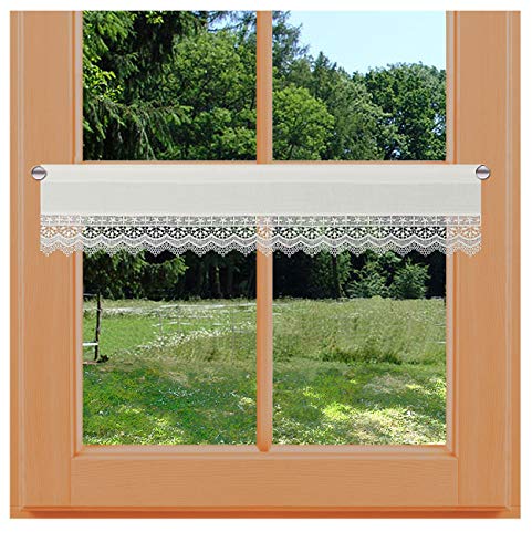 Landhaus-Scheibengardine Inkas Vogtländische Spitze Scheibenhänger mit Stickereikante Kurzgardine in Natur | klassisch-zarte Spitzengardine | gestickte Ornamente Panneaux Höhe x Breite 16 x 106 cm von kollektion MT