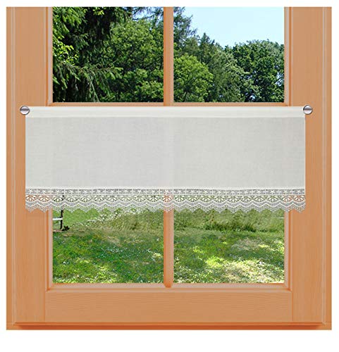 Landhaus-Scheibengardine Inkas Vogtländische Spitze Scheibenhänger mit Stickereikante Kurzgardine in Natur | klassisch-zarte Spitzengardine | gestickte Ornamente Panneaux Höhe x Breite 30 x 80 cm von kollektion MT