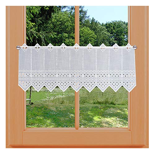 Scheibengardine Kurzgardine Kayla Feenhausgardine Plauener Spitze weiß mit Lochstickerei auf leichtem Batist mit Käseleinen-Struktur 45 x 64 cm von kollektion MT