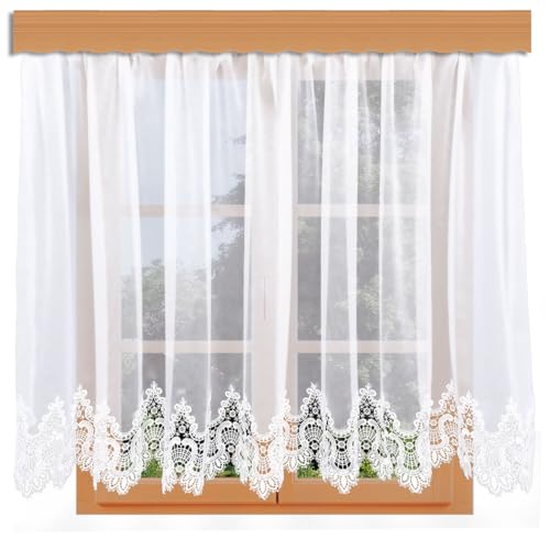 Gardinen-Store Safira Vogtländische Spitze | klassischer handgefertigter Sockelstore mit Reihband | lichtdurchlässiger Fenster-Vorhang mit angenähter Spitzenkante weiß | Höhe x Breite 80 x 400 cm von kollektion MT