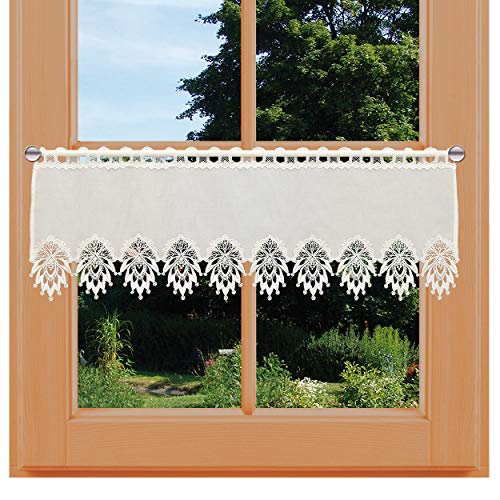 Klassische Scheibengardine Stina aus Vogtländischer Spitze | Feenhaus-Kurzgardine in Natur mit Spitzenabschluss | gemütlich-rustikaler Landhaus-Scheibenhänger mit Ornament-Muster | HxB 28 x 93 cm von kollektion MT