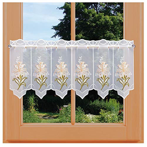 kollektion MT Kurzgardine Lilie in lachs traditionell bestickte Scheibengardine aus Plauener Spitze mit Blumenmotiv 33 x 128 cm von kollektion MT