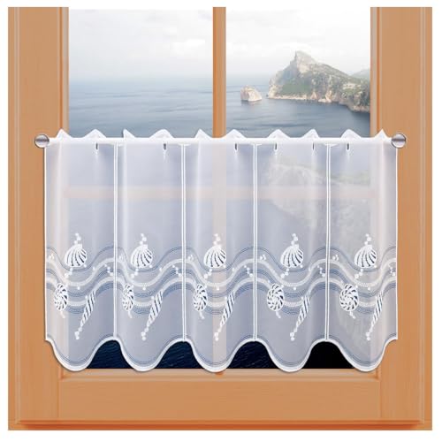 kollektion MT Scheibengardine Meereshauch Vogtländische Spitze - Maritime Badgardine mit Muscheln in weiß-blau - moderner Scheibenhänger mit edler Stickerei | Kurzgardine Höhe x Breite 40 x 80 cm kollektion MT Scheibengardine Meereshauch Vogtländische Spitze - Maritime Badgardine mit Muscheln in weiß-blau - moderner Scheibenhänger mit edler Stickerei | Kurzgardine Höhe x Breite 40 x 80 cm von kollektion MT