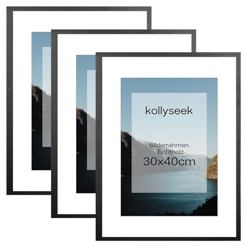 kollyseek Bilderrahmen 30x40cm Schwarz 3er Set Echtholz mit Passepartout Pine Holz Rahmen mit Acrylglas Kieferholz Fotorahmen mit Bruchsicherem Acrylglas platten bilderrahmen Schwarz zimmer deko von kollyseek