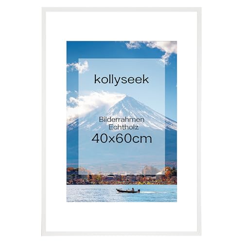 kollyseek Bilderrahmen 40x60cm Echtholz mit Passepartout Holz Rahmen mit Plexiglas Kieferholz Fotorahmen mit Bruchsicherem Acrylglas platten bilderrahmen Schwarz Weiss zimmer deko(weiss) von kollyseek