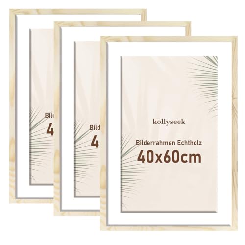 kollyseek Bilderrahmen 40x60cm Holz 3er Set mit Passepartout Pine Echtholz Rahmen mit Acrylglas Kieferholz Fotorahmen mit Bruchsicherem Acrylglas platten bilderrahmen Wood zimmer deko von kollyseek