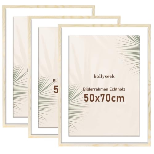 kollyseek Bilderrahmen 50x70cm Holz 3er Set mit Passepartout Pine Echtholz Rahmen mit Acrylglas Kieferholz Fotorahmen mit Bruchsicherem Acrylglas platten bilderrahmen Wood zimmer deko von kollyseek