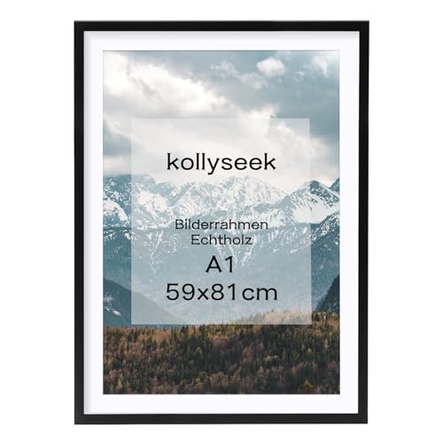 kollyseek Bilderrahmen DIN A1 Schwarz Echtholz mit Passepartout Pine Holz Rahmen mit Bruchsicherem Acrylglas Kieferholz Fotorahmen schwarz bilderrahmen picture frame von kollyseek