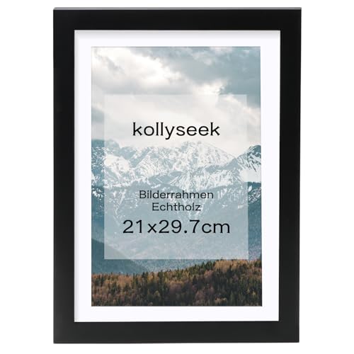 kollyseek Bilderrahmen DIN A4 Schwarz 21x30cm Echtholz mit Passepartout Pine Holz Rahmen pictureframe von kollyseek