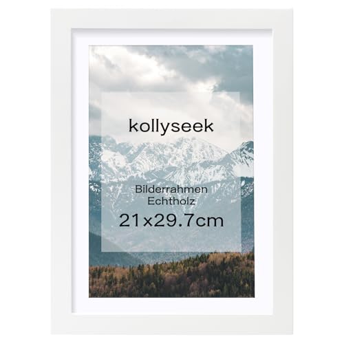 kollyseek Bilderrahmen DIN A4 Weiß Echtholz mit Passepartout Pine Holz Rahmen mit Bruchsicherem Acrylglas Kieferholz Fotorahmen Weiß bilderrahmen picture frame von kollyseek