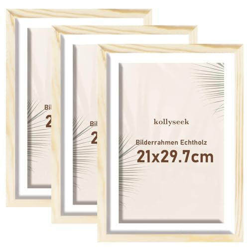 kollyseek Bilderrahmen Din A4(21x29.7cm) Holz 3er Set mit Passepartout Pine Echtholz Rahmen mit Acrylglas Kieferholz Fotorahmen mit Bruchsicherem Acrylglas platten bilderrahmen Wood zimmer deko von kollyseek