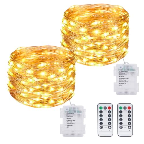 Kolpop 2 Stück Lichterkette Batterie, 12M 120 LED 8 Modi Draht mit Fernbedienung und Timer Wasserdicht für Außen Innen Weihnachtsbaum Deko, Warmweiß von kolpop