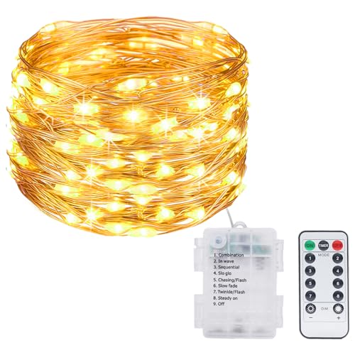 kolpop 1 Stück Lichterkette Batterie, 12M 120 LED 8 Modi Draht mit Fernbedienung und Timer Wasserdicht für Außen Innen Weihnachtsbaum Deko, Warmweiß von kolpop