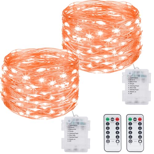 kolpop 2 Stück Lichterkette Batterie, 12M 120 LED 8 Modi Draht mit Fernbedienung und Timer Wasserdicht für Außen Innen Weihnachtsbaum Deko, Orange von kolpop