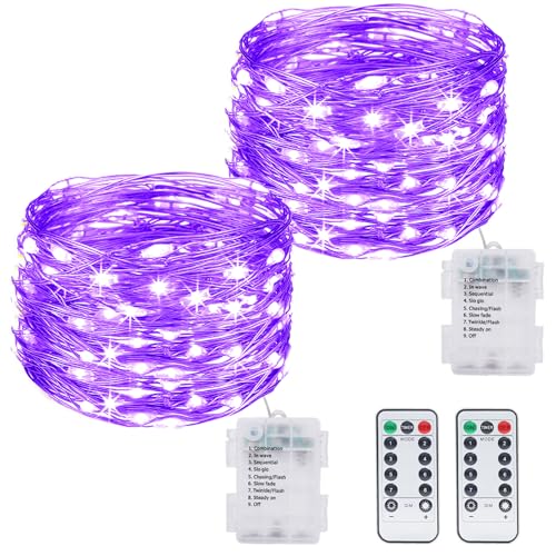 kolpop 2 Stück Lichterkette Batterie mit Timer, 12M 120LED Lichterketten, 8 Modi mit Fernbedienung, IP65 Wasserdicht Weihnachtsbeleuchtung für Zimmer Garten Krüge Weihnachten Party Deko, Violett von kolpop