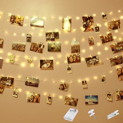 kolpop 5M 50LEDs Fotoclips Lichterkette mit Timer, Warmweiß Zimmer Deko Fotos Wand mit 30 Klammern Bilder für Wohnzimmer, Weihnachten, Hochzeiten, Party von kolpop