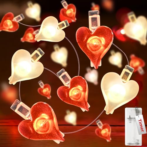 kolpop Fotoclips Lichterkette Herzen, 2m 20 LED Lichterkette Innen Batterie mit Timer, Fotos Wand mit Klammern Bilder für Valentinstag, Hochzeit, Jahrestage, Party Deko von kolpop