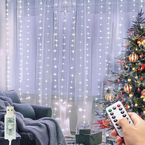 kolpop Lichtervorhang Innen 3x3m，300 LED Lichterketten Vorhang mit Fernbedienung Timer, USB 8 Modi Verstellbare Helligkeit Led Vorhang für Weihnachten Party Gardine Deko (Kaltweiß) von kolpop