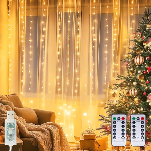 kolpop Lichtervorhang Innen 3x3m，300 LED Lichterketten Vorhang mit Fernbedienung Timer, USB 8 Modi Verstellbare Helligkeit Led Vorhang für Weihnachten Party Gardine Deko (Warmweiß) [2 Stück] von kolpop