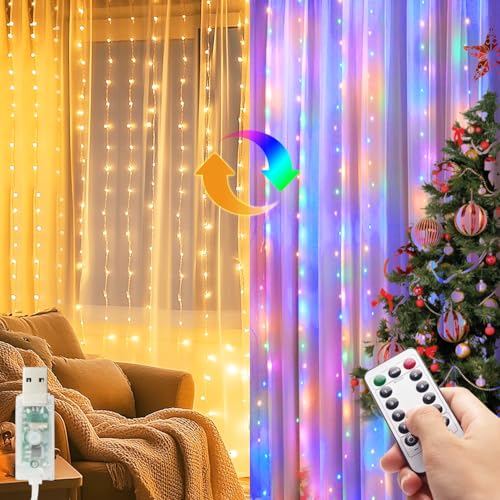 kolpop Lichtervorhang Innen 3x3m，300 LED Lichterketten Vorhang mit Fernbedienung Timer, USB 8 Modi Verstellbare Helligkeit Led Vorhang für Weihnachten Party Gardine Deko (Zweifarbig) von kolpop