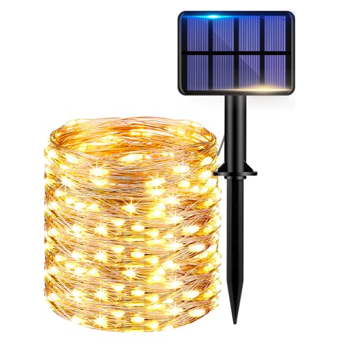 kolpop Solar Lichterkette Aussen, 12M 120 LED Solarlichterkette Außen Wetterfest, 8 Modi Kupferdraht Lichterketten Outdoor für Garten, Terrasse, Balkon, Hof, Hochzeit, Party Deko, 1 Stück Warmweiß von kolpop