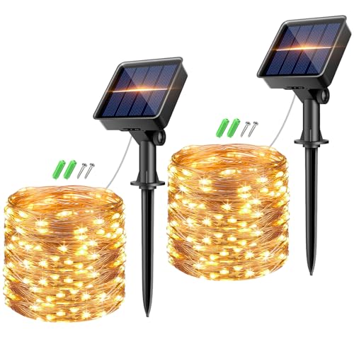 kolpop Solar Lichterkette Aussen, 2 Stück 8 Modi Lichterkette Außen Solar, Solarlichterkette IP65 Wetterfest, Kupferdraht Lichterkette für Garten,Terrasse,Balkon,Hochzeit,Weihnachten Deko, Warmweiß von kolpop