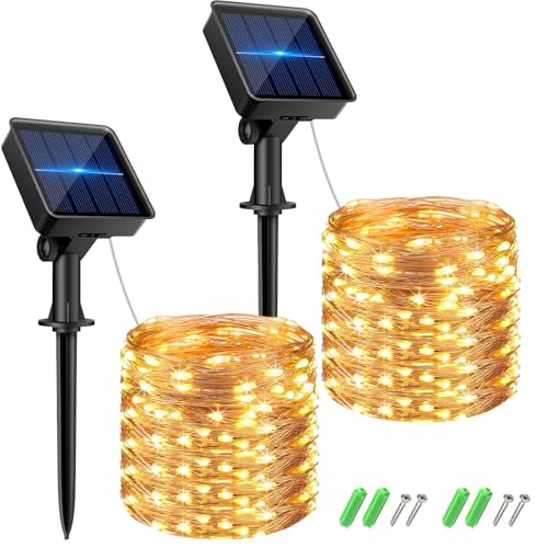 kolpop Solar Lichterkette Aussen, 2 Stück LED Lichterkette Außen Solar Lichterkette Wasserdicht KupferDraht Solar Weihnachtsbeleuchtung Außen 8 Modi Deko für Garten Balkon Party Hochzeit Warmweiß von kolpop