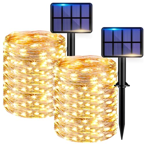 kolpop Solar Lichterkette Aussen, 22M 220 LED Solarlichterkette Außen Wetterfest, 8 Modi Kupferdraht Lichterketten Outdoor für Garten, Terrasse, Balkon, Hof, Hochzeit, Party Deko, 2 Stück Warmweiß von kolpop