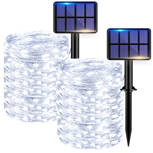 kolpop Solar Lichterkette Aussen, 22M 220 LED Solarlichterkette Außen Wetterfest, 8 Modi Kupferdraht Lichterketten Outdoor für Garten, Terrasse, Balkon, Hof, Hochzeit, Party Deko, 2 Stück Kaltweiß von kolpop