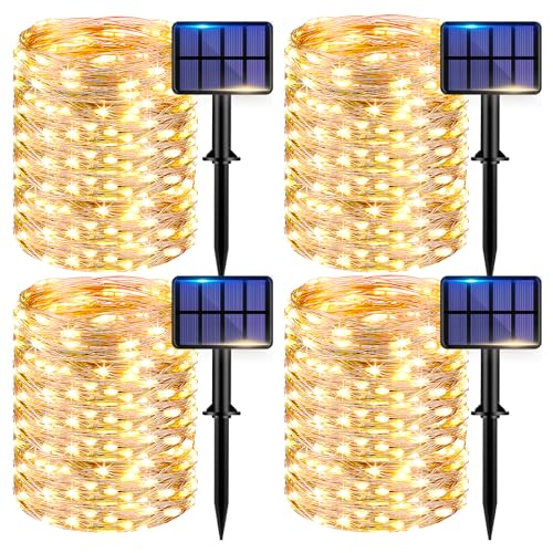 kolpop Solar Lichterkette Aussen, 22M 220 LED Solarlichterkette Außen Wetterfest, 8 Modi Kupferdraht Lichterketten Outdoor für Garten, Terrasse, Balkon, Hof, Hochzeit, Party Deko, 4 Stück Warmweiß von kolpop