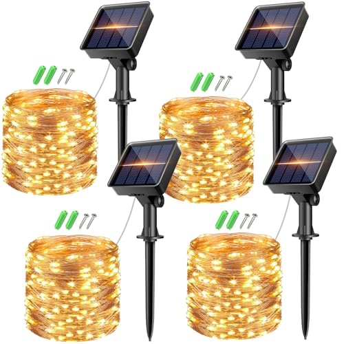 kolpop Solar Lichterkette Aussen, 4 Stück 8 Modi Lichterkette Außen Solar, Solarlichterkette IP65 Wetterfest, Kupferdraht Lichterkette für Garten,Terrasse,Balkon,Hochzeit,Weihnachten Deko, Warmweiß von kolpop