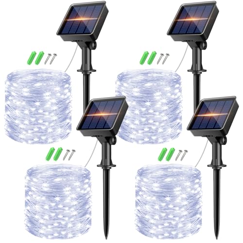 kolpop Solar Lichterkette Aussen, 4 Stück 8 Modi Lichterkette Außen Solar, Solarlichterkette IP65 Wetterfest, Kupferdraht Lichterkette für Garten,Terrasse,Balkon,Hochzeit,Weihnachten Deko, Kaltweiß von kolpop