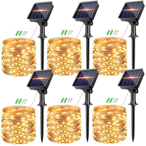 kolpop Solar Lichterkette Aussen, 6 Stück 8 Modi Lichterkette Außen Solar, Solarlichterkette IP65 Wetterfest, Kupferdraht Lichterkette für Garten,Terrasse,Balkon,Hochzeit,Weihnachten Deko, Warmweiß von kolpop