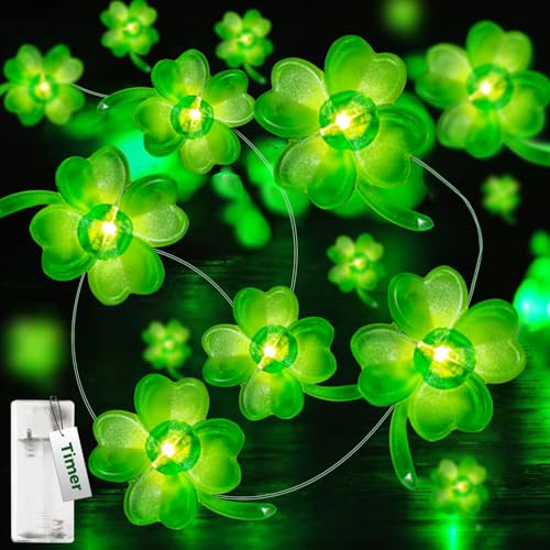 kolpop St Patricks Day Lichterkette, 2m 20 Led Lichterkette Innen Batterie mit Timer, Vierblättrig Kleeblatt Lichterkette, Irisch Fee LED Licht für St. Patrick's Day Party von kolpop