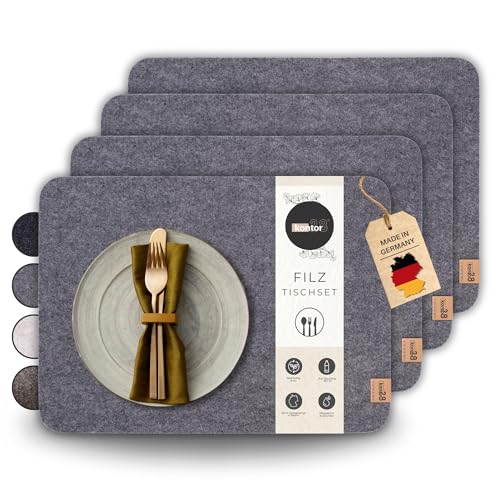 kontor28 - Design Tischsets RUNDAD aus Upcycling rPET Filz, 100% Made in Germany, Platzsets abwaschbar + schmutz -und wasserabweisend, Tischuntersetzer Filzmatte, Glasuntersetzer, hellgrau 4er Set von kontor28